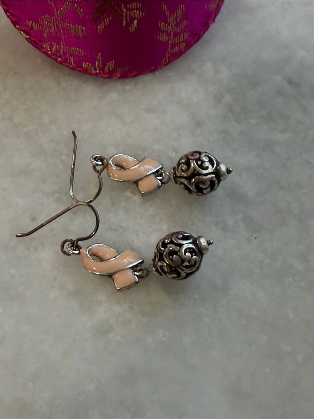Brighton Pink Ribbon Dangle Earrings with Filigree Silver Beads